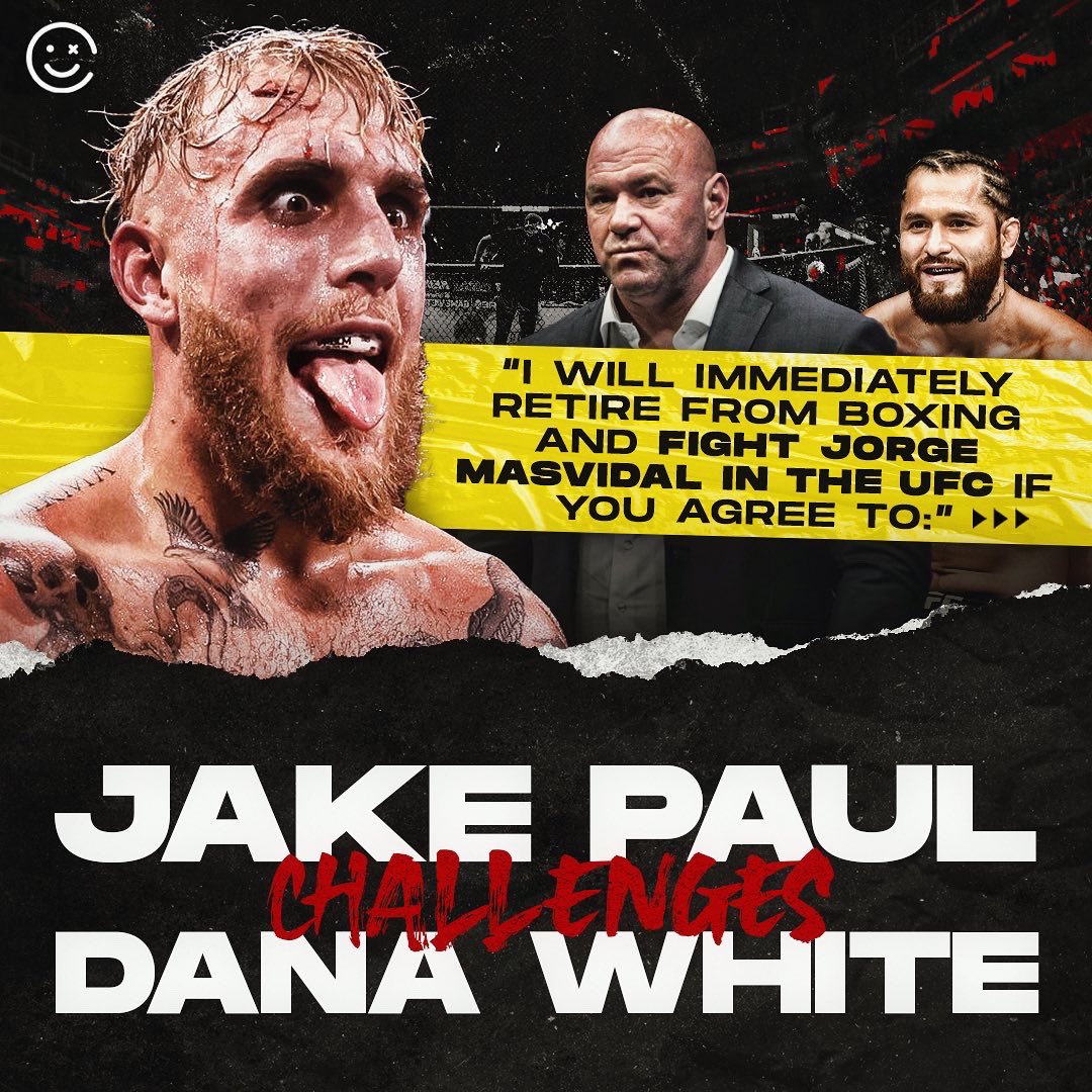 HappyPunch's tweet photo. Jake Paul issues a lengthy challenge for Dana White, demanding that he restructure UFC pay 😳

Paul vs Masvidal - Who you got? 👇 https://t.co/4XSPKaoluG