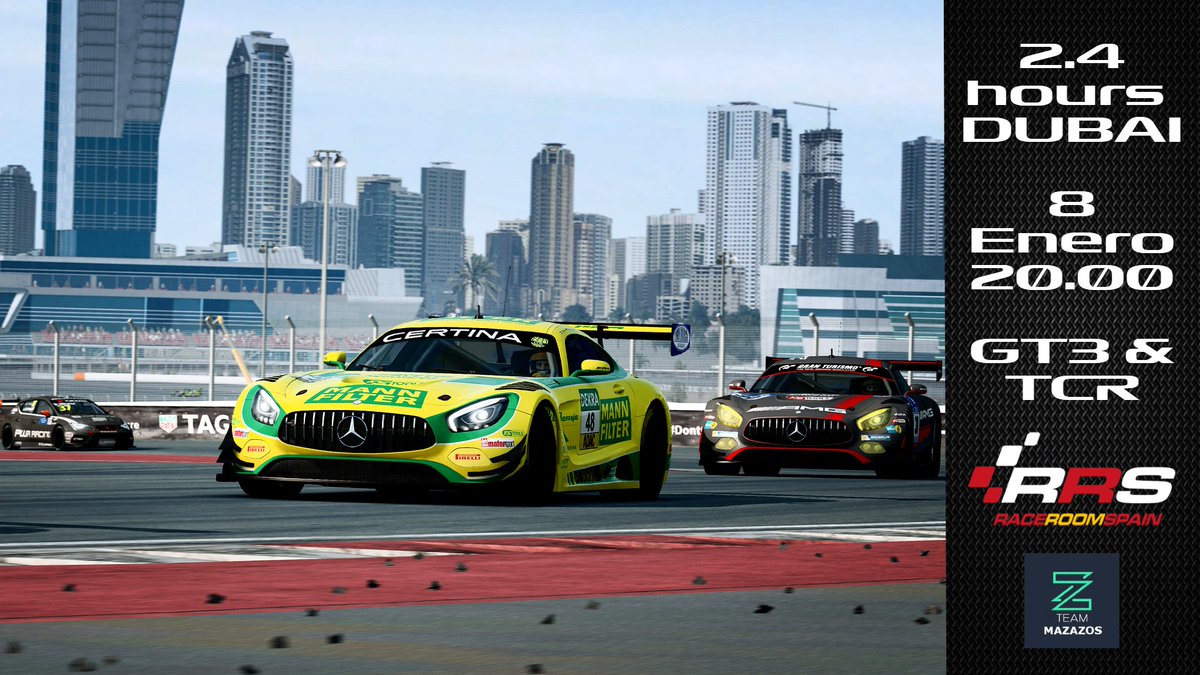 uriloki's tweet photo. Empezamos fuertes en @raceroom! El 8 de Enero a las 20:00 daremos inicio a las 2.4 horas de DUBAI!!! Compite en la clase que prefieras GT3 o TCR! Más info sobre clases permitidas en el discord de mazazos o en el de @RaceroomSpain. Clica aquí para apuntarte https://t.co/dBVOJRneiI https://t.co/VxfCpngnKC
