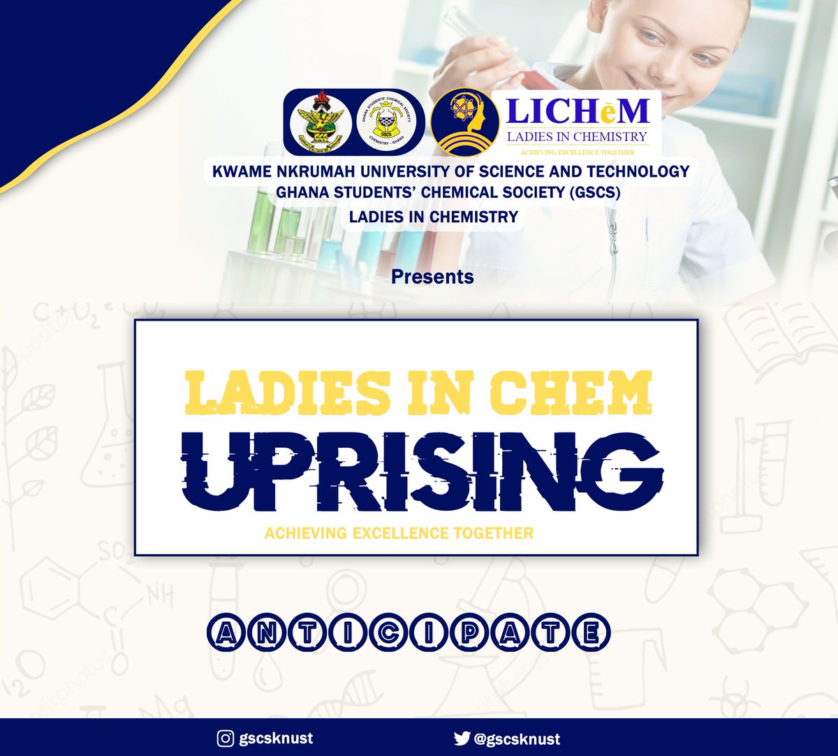 gscsknust's tweet photo. Office of the Women's Commission,GSCS-KNUST brings up an initiative to create a general platform for all ladies in chemistry to communicate.
Ladies in Chemistry -"Achieving excellence together"
🐜icipate 🔥🔥🔥
#ladiesinchem #lichem https://t.co/ZfuLMqSXdv