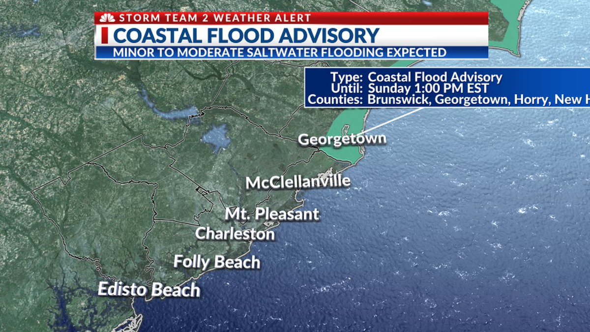 WEATHER ALERT: A Coastal Flood Advisory has been issued. Prepare for minor to moderate saltwater flooding. Some flooded streets, flooded property, and a few closures are expected near tidal waterways and in Downtown Charleston. #chswx #scwx