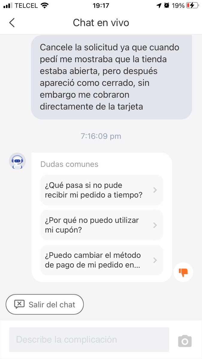 dimegasca's tweet photo. @DidifoodMX pésimo servicio, según todo el tiempo tienen personal para resolver dudas y solo me mandan con un bot que no da ninguna solución, además de que me realizaron el cobro del pedido, sin entregarme nada https://t.co/r3RlcIezOu
