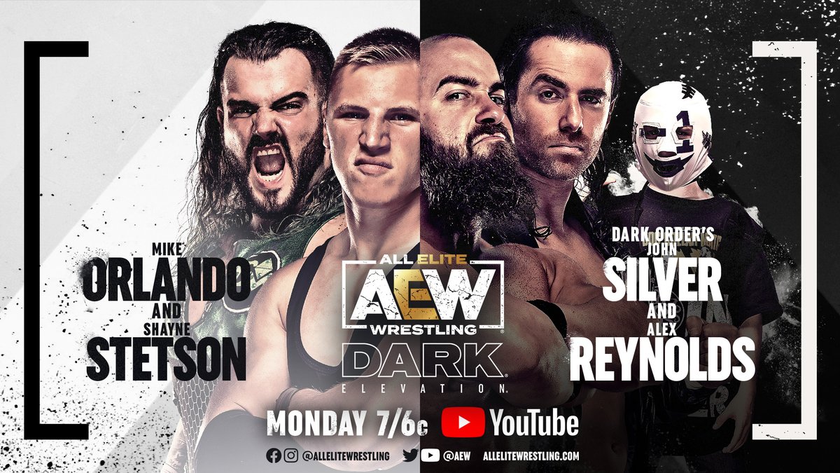 AEW's tweet photo. A NEW EPISODE of #AEWDarkElevation drops
TONIGHT at 7/6c featuring:
・@ScorpioSky v @thereal_RayJaz
・@riho_gtmv v @MafiosaRossi
・#DarkOrder's @SilverNumber1/@YTAlexReynolds v @thebigorlando/#ShayneStetson
・@themeganbayne v @Miss_LeilaGrey
▶️ https://t.co/lBSV4rTE11 https://t.co/5CO7WaZMu3