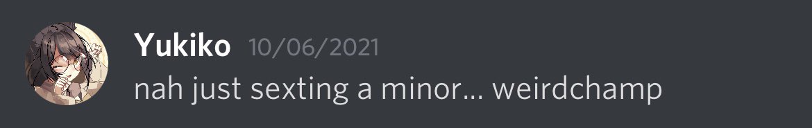 miakomoe's tweet photo. TW// gaslighting, rape mention, murder mention, pedophilia 

A THREAD

@/yukikoaria is disgusting. she has sext minors and gaslit them into think it’s there fault, pressured people to send sexual images and sexual comment towards a minors model 

https://t.co/0iSzGb9K18 (1/8) https://t.co/TPwiHd8O6Y