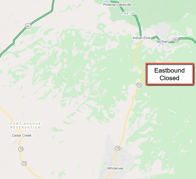 ArizonaDOT's tweet photo. *CLOSURE* *PLEASE SHARE*
SR 73 eastbound is CLOSED south of Indian Pine due to a crash at milepost 353.
Expect delays and seek an alternate route.
There is no estimated time to reopen the highway.
#aztraffic #SR73 https://t.co/Rami3axUJ4