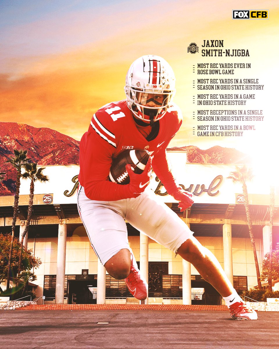 CFBONFOX's tweet photo. Most rec. yards ever in the Rose Bowl Game ✅
Most rec. yards in a single season in program history ✅
Most rec. yards in a game in program history ✅
Most rec. yards in a Bowl Game in CFB history ✅

@jaxon_smith1 was UNREAL for @OhioStateFB 🔥🌹🌰 https://t.co/IyHdEG1q8m