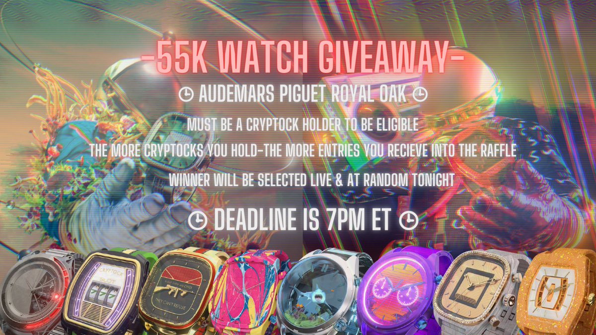 Cryptock_'s tweet photo. Less than 3 hours left until we give away an Audemars Piguet. An absolutely stunning timepiece valued at $55K..

Grab a Cryptock now to be entered in and hop in our Discord at 7pm ET to see who wins.

Maybe it will be you..

@DeadBatteries__ Thanks for the art 👇

#NFTs #watches https://t.co/piYpLs2cO1