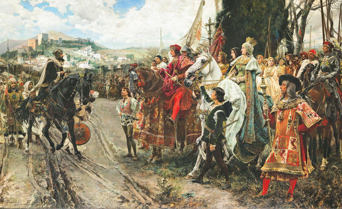 TwitteandoHE's tweet photo. #HistoriaDeEspaña 2/1/1492 Capitulación de Boabdil a los Reyes Católicos y entrega de Granada. Después de acceder Boabdil al trono en 1486, la guerra civil estalló en Granada, enfrentándole a su tío, el Zagal, facilitando así el avance cristiano hacia Granada, sitiada desde 1491. https://t.co/nWT1bSIan0