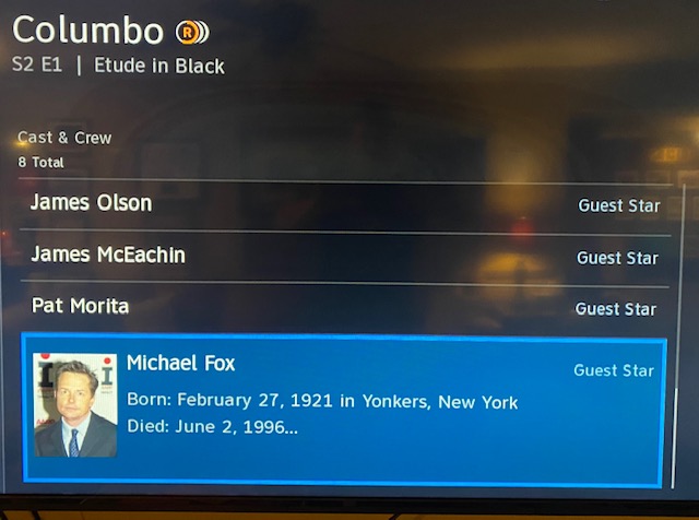 Keenelandguy's tweet photo. The reports of the death of @realmikefox are greatly exaggerated. And shame on my boredom this New Year's Day as I am watching the #columbo marathon only to discover this egregious error in the Cast info. https://t.co/OahoSU5JPH
