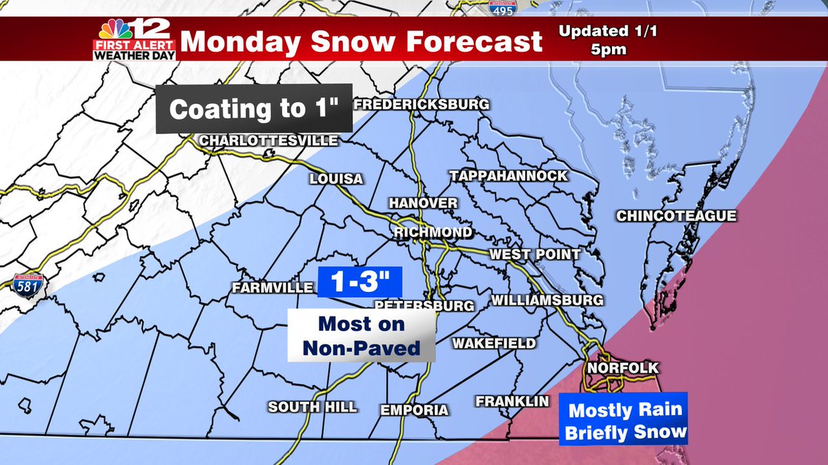 Our updated snow forecast map for Monday! We think there could be a heavy burst of snow after midnight Sunday night until 6 or 7am Monday, which may be enough to "overcome" the warm ground. Slippery spots on bridges/overpasses are a good bet as well. Check back for updates <a href="/NBC12/">NBC12 is now 12 On Your Side</a>