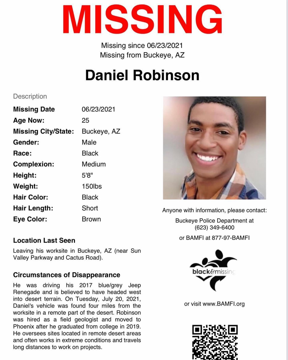 TrueCrimeSister's tweet photo. His poor family deserves answers!
#Buckeye, Arizona: 24y/o Daniel Robinson is STILL missing. He was last seen on June 23, 2021 leaving his job near Sun Valley Parkway and Cactus Road.
#HelpUsFindDaniel #DanielRobinson https://t.co/Sjd6JJpuQ0