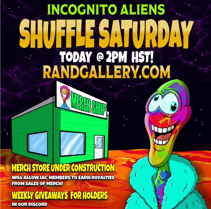 IncognitoAliens's tweet photo. SHUFFLE SHUTTLE IS 2 HOURS AWAY!!!
Get ready for the #IncognitoAliens! We're landing HOT today at @RandGallery with another 100 #IAC onboard the shuttle this trip!
https://t.co/IwIgY4FtoM (click rand gallery link)
#ALGOFAM #ALGONFT #IncognitoAlienClub https://t.co/pH4QWMUI3L