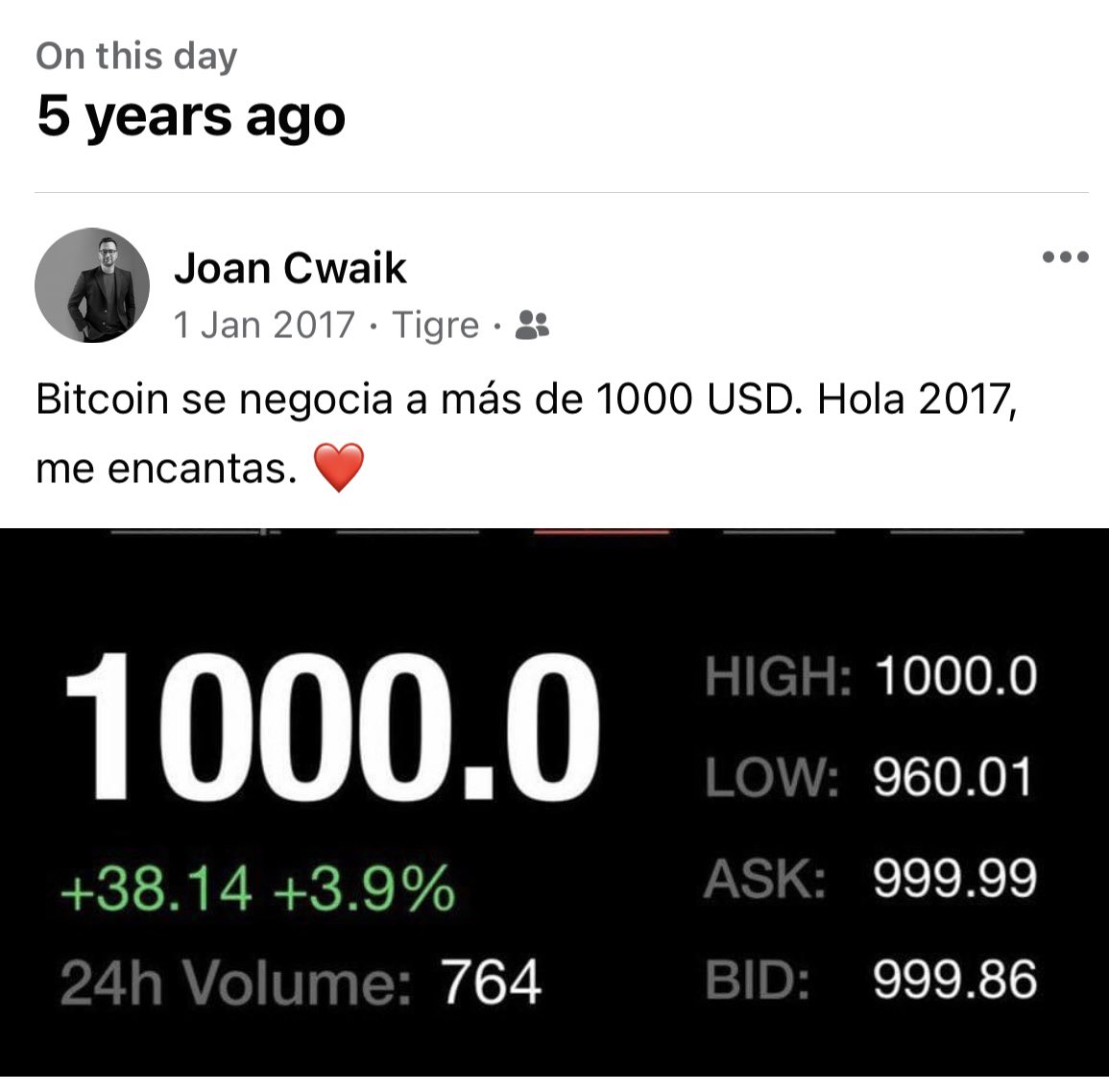 JoanCwaik's tweet photo. Hace cinco años varios de la sala brindábamos por los mil USD que tocó el $BTC aquel día. https://t.co/FZjXEkBCQ3