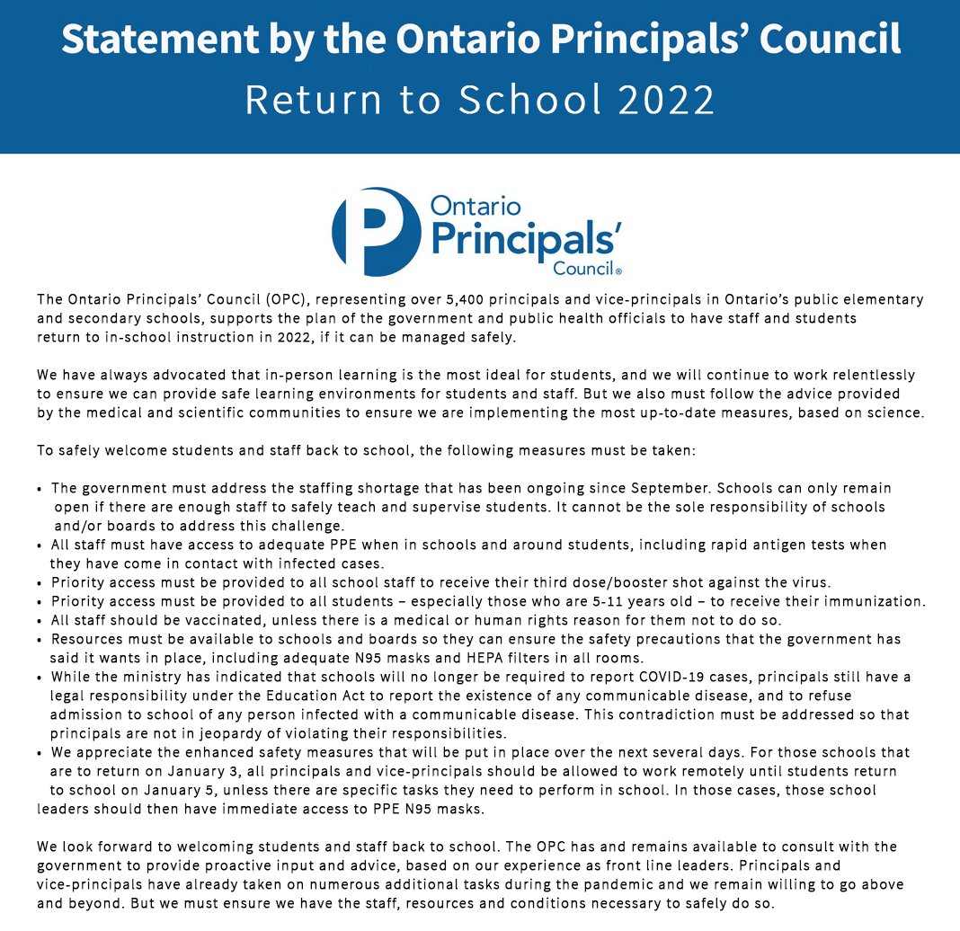 We support the plan of the government &amp; public health officials to have staff and students return to in-school instruction in 2022, if it can be managed safely. Our statement: principals.ca/en/who-we-are/…
