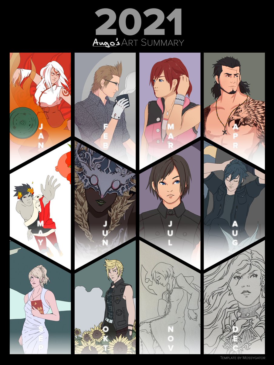 ArtAugo's tweet photo. I think 2021 was a descent art year, despite not being able to use my tablet the last couple of months.

Template by  @mossygator_. https://t.co/DYiD0RVCYo