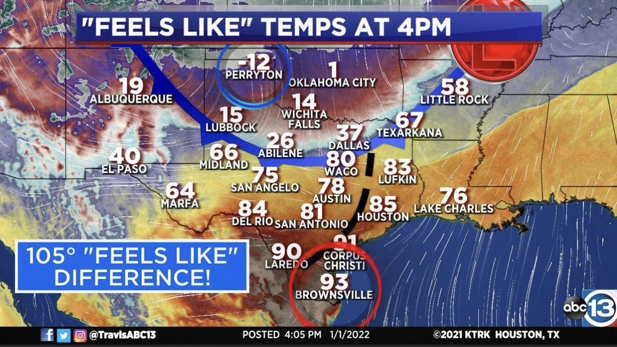 TickingTurtle's tweet image. Only in Texas feels like temps right now. 😳🤯 In the Panhandle, the wind chill is -12 degrees. Brownsville is burning at 93 degrees. 105 degree difference. 
#texasweather