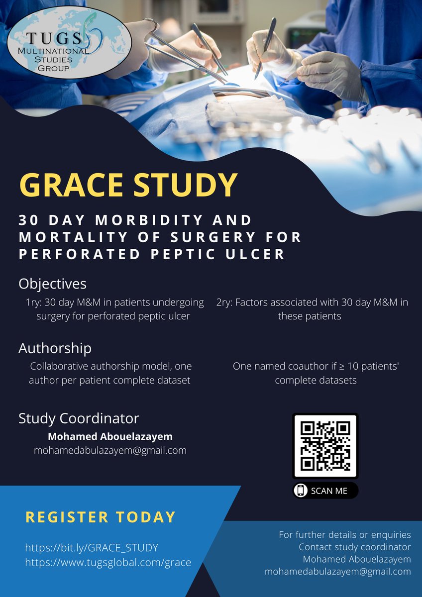 GRACE_Study (@grace_study2022) on Twitter photo GRACE Study will assess the global 30 day mortality and morbidity of surgery for perforated peptic ulcer. Collaborative authorship model. Data collection started today. Join us and register here: forms.gle/6LcHHhs7rYuxDv… <a href="/T4UGIS/">TUGSS</a> <a href="/tugs_audits/">TUGS Multinational Audits</a> <a href="/MoAbouelazayem/">M.Abulazayem</a> @kmahawar GRACE Study will assess the global 30 day mortality and morbidity of surgery for perforated peptic ulcer. Collaborative authorship model. Data collection started today. Join us and register here: forms.gle/6LcHHhs7rYuxDv… <a href="/T4UGIS/">TUGSS</a> <a href="/tugs_audits/">TUGS Multinational Audits</a> <a href="/MoAbouelazayem/">M.Abulazayem</a> @kmahawar
