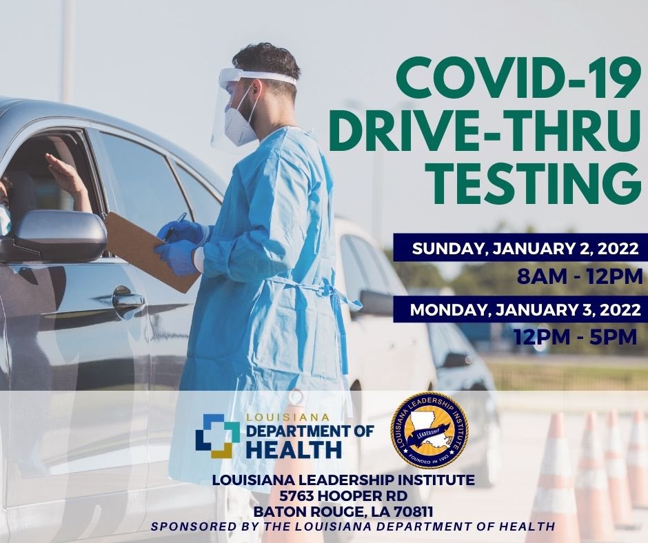 There will be FREE COVID-19 Drive-Thru Testing tomorrow from 8:00am-12:00pm and Monday from 12:00pm-5:00pm at the Louisiana Leadership Institute, 5763 Hooper Rd, Baton Rouge, LA 70811. 

Drive up and get your FREE COVID-19 test tomorrow and Monday!