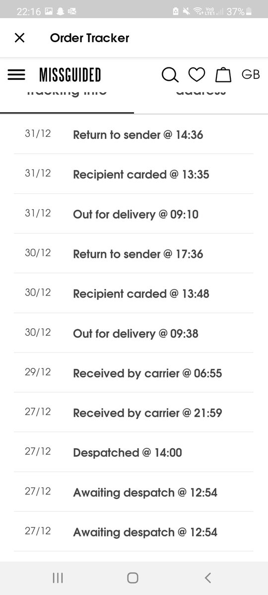 KatieeSF's tweet photo. @YodelOnline @Missguided_help Yodel saying they carded me twice yet not had a single one? Also haven't even left the house so to say they attempted delivery twice is a laugh😳 it also doesn't match up as the one email I received on 31st says they failed delivery at 5am 🤔 https://t.co/XgPGtqq44i