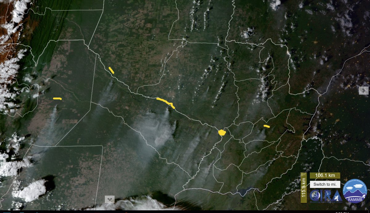 Same old story - fires following record heat in Argentina and Paraguay. Numerous smoke plumes on GOES East Geocolor. Asunción is located in the yellow circle.