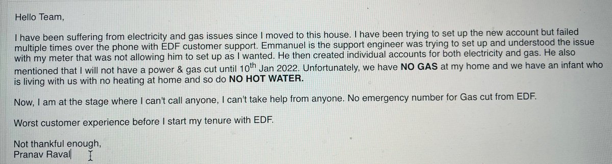 pranavraval87's tweet photo. I have lost complete faith in @edfenergy customer service. My family is suffering from No Gas supply. And not sure if the energy comes next with no surprise. Vacation may be good but not good enough for my family with this new year.
#worstedfCX #customerexperience #simonerossi https://t.co/pDQdUZUySL