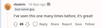 0xngmi's tweet photo. lmao checked vitalik's reddit account and he's out there commenting on memes of himself https://t.co/GMHHTXPIyz