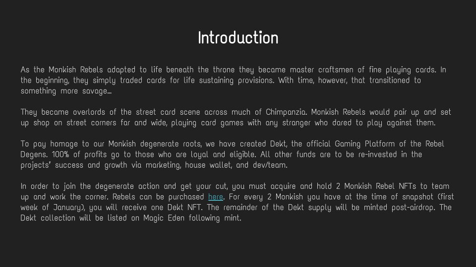 MonkishRebel's tweet photo. Attached are the first 4 pages of our Whitepaper on our mini card game, Dekt. We believe Dekt has the potential to be the #1 50/50 mini game + more. Demo in ~2 days. Go join our Discord to read the full PDF and decide for yourselves: https://t.co/rli2pzElwD ...don't sleep. https://t.co/OWx1PjoLXo