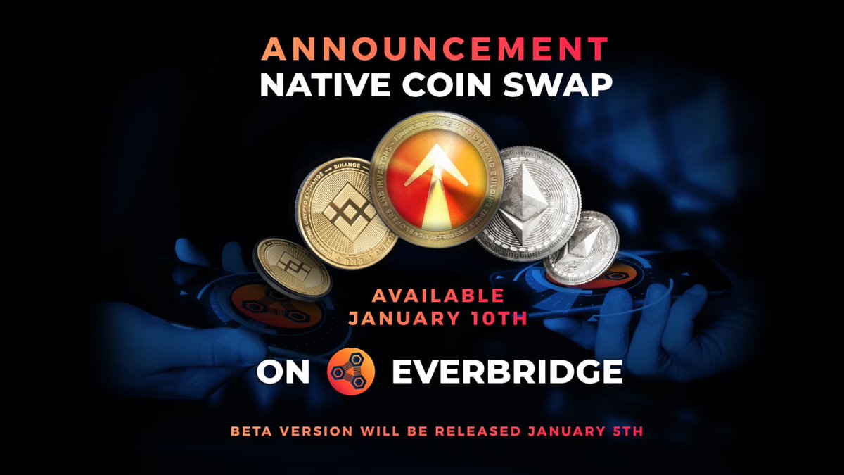 EverRise's tweet photo. New year, new feature! We are excited to announce that we will be adding a Native Coin Swap feature to #EverBridge 🌉

Starting on Jan 10th, 2022, you will be able to swap between BNB, ETH, and MATIC via EverBridge. All #DeFi and secured 🔐😎🙌 https://t.co/cl5qGOVXbD