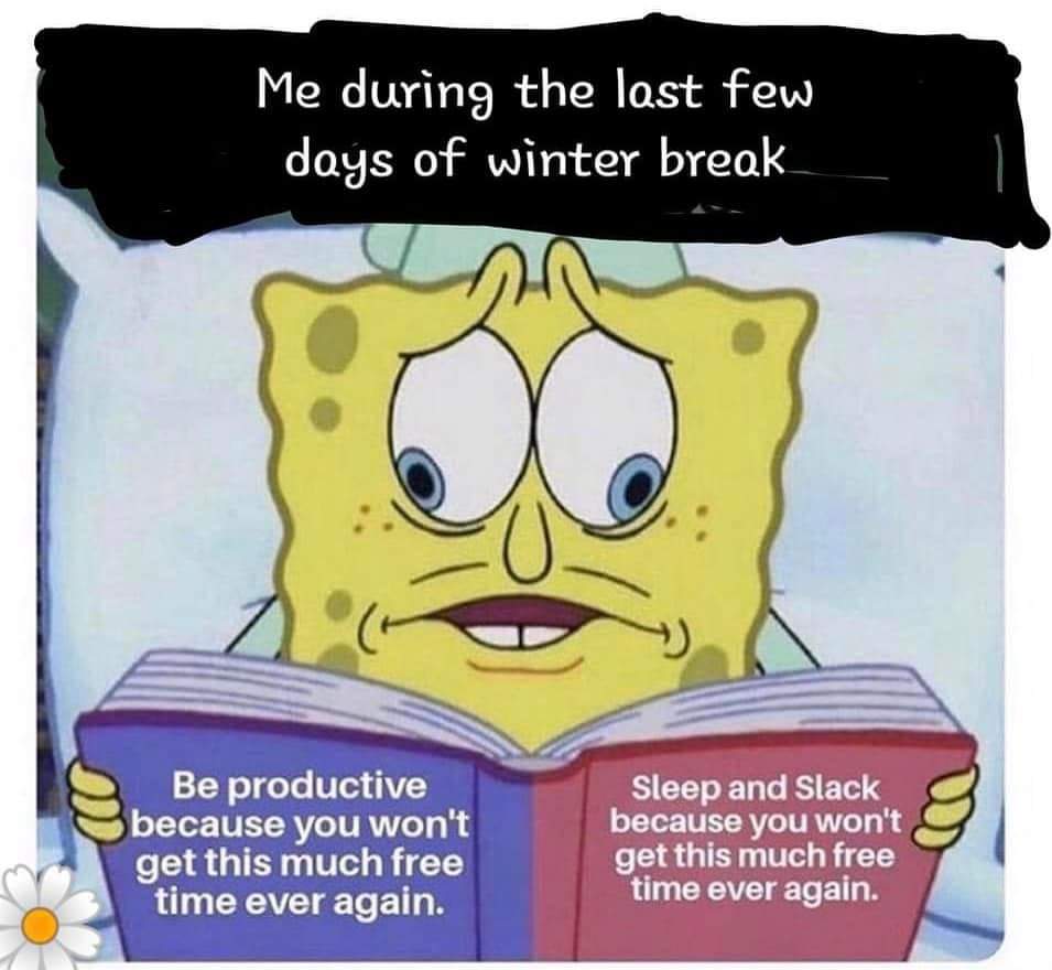 ChiEpsilonCSI's tweet photo. We have another week left of break Chi Epsilon folks. Which one are you going to do? I hope it's sleep and snack! Not slack because resting and relaxing isn't slacking. Happy New Year all! https://t.co/B4XMZ60x0v