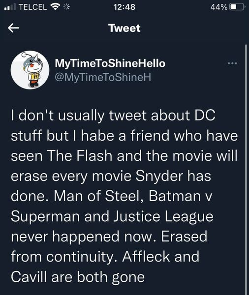 ThePresdock's tweet photo. Lo que se dice es que ya vieron la pelicula de #TheFlash la que al parecer borrará todas las películas que Snyder ha hecho. Man of Steel, Batman v Superman y Zack Snyder Justice League,eso significa que  Affleck y Cavill ya no regresen. https://t.co/aJnT1ie3xV