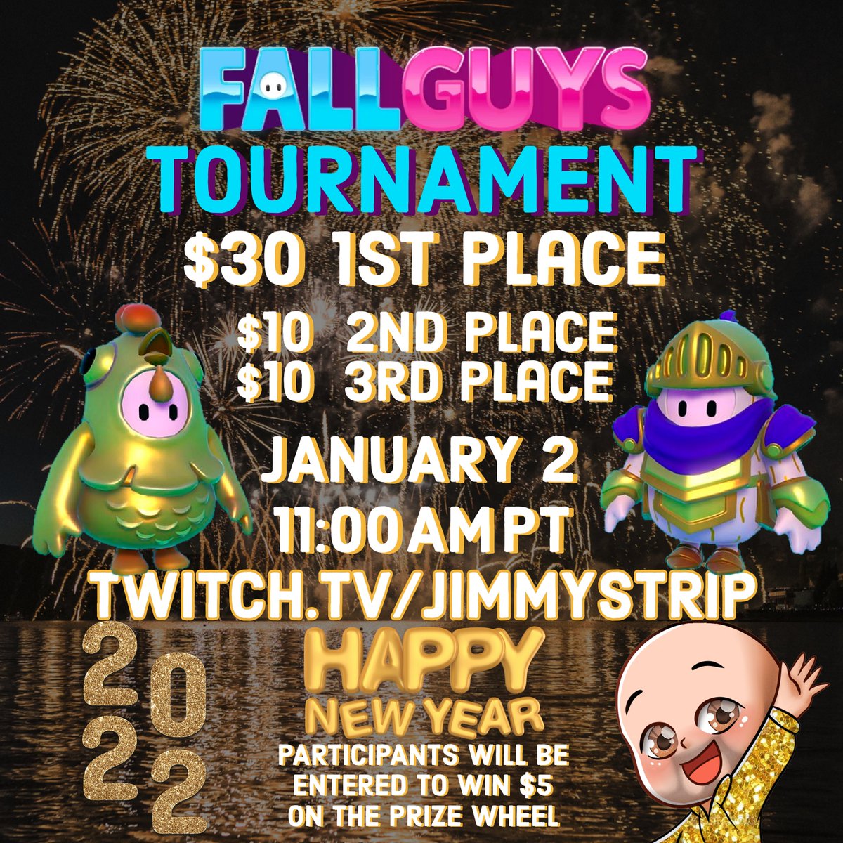 Come participate in my first Fall Guys tournament of 2022 tomorrow morning!  Hope to see you there.