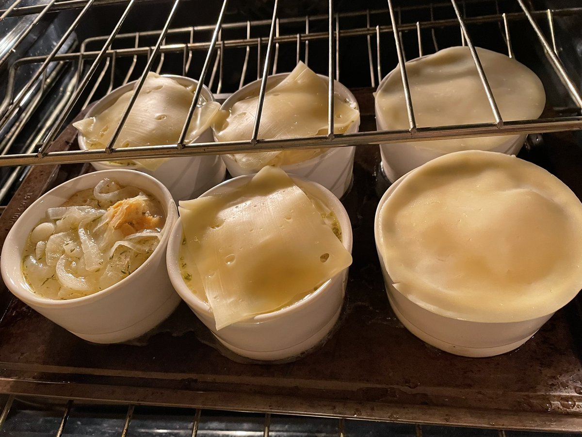 Mrs_Kling_Tech's tweet photo. French onion soup w/home-made Caesar salad. The white dishes were a gift from a friend for Christmas and they asked me to try a new recipe. #friends #frenchonionsoup #SusanBranch @littlebrown https://t.co/ErvEtRlAbP