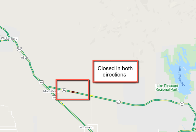 ArizonaDOT's tweet photo. *CLOSURE* *PLEASE SHARE*
SR 74 is CLOSED in both directions from US 60 to milepost 7 due to a crash.
Expect delays and seek an alternate route.
There is no estimated time to reopen the highway.
#aztraffic #US60 #SR74 https://t.co/NBwqtIoXFj