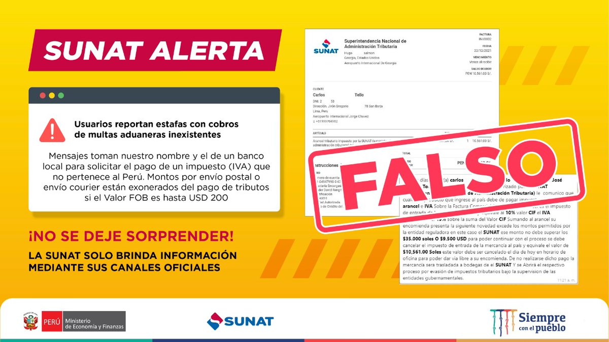 SUNATOficial's tweet photo. 🛑 #SunatAlerta 🛑 
Estafadores envían INFORMACIÓN FALSA tomando nuestro nombre y el de bancos locales.

La #Sunat:
🚨 NO efectúa cobros vía SMS o WhatsApp
🚨 NO pide depósitos de dinero a nombre de NINGÚN funcionario

Denuncia, aquí 💻https://t.co/K27dEQji4O

¡Pasa la voz! https://t.co/IYHi3TLqm3