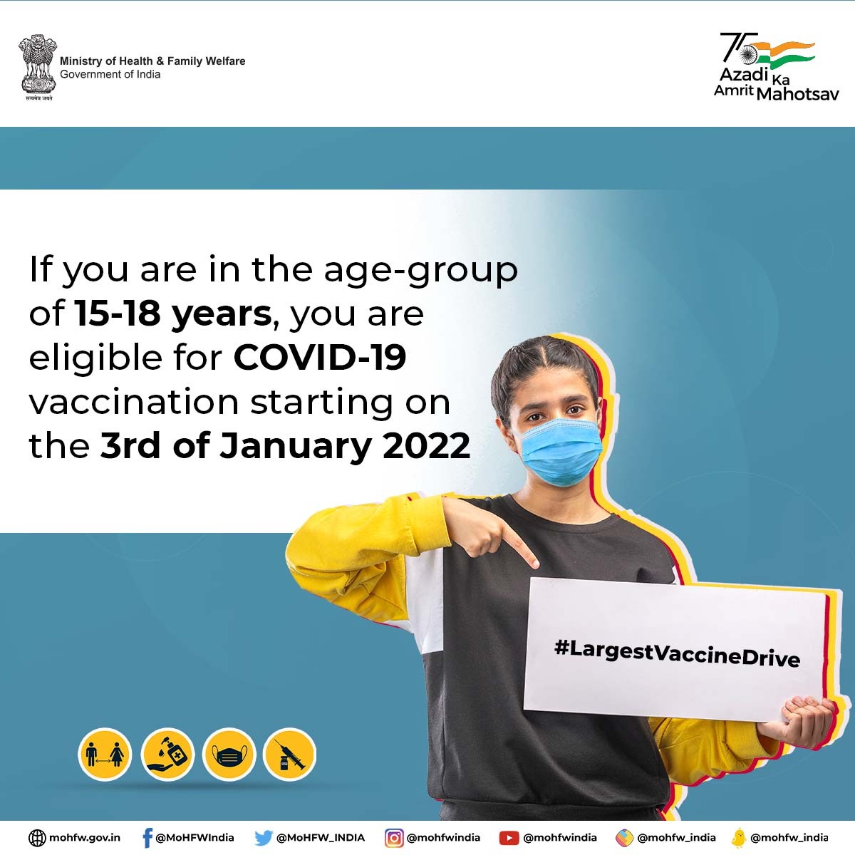 dmkhowai's tweet image. COVID Vaccination of persons aged 15 -18 years to start from 3rd January 2022 at all major hospitals (all PHCs, district hospital, Khowai, subdivisional hospital, Teliamura and CHC Kalyanpur) in Khowai district. Walk in with ID proof and mobile number and get your vaccine shot.
