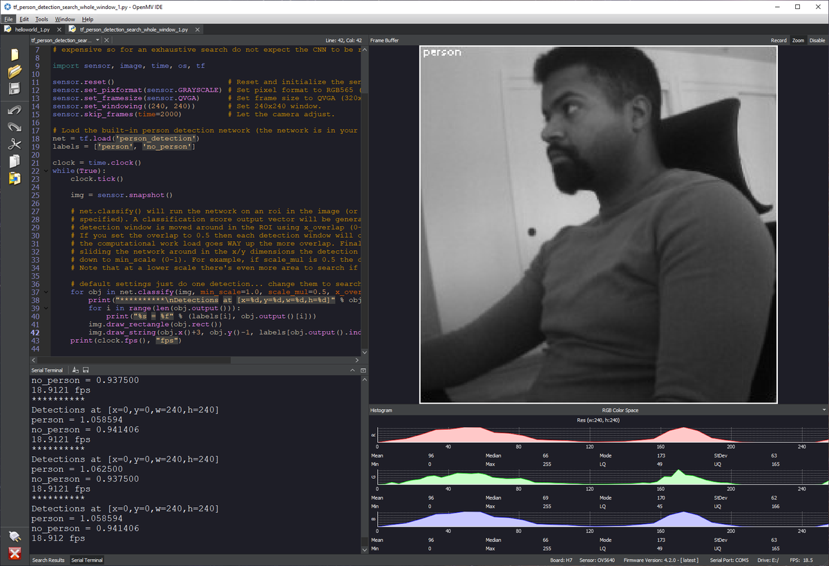 openmvcam's tweet image. New Firmware V4.2.0 is out with the TensorFlow updates. You should see some speed gains on your nets. The person detector model runs at 18 FPS now (from 6 FPS - due to it being uint8 versus int8 now).
EdgeImpulse will be rolling out object detection support soon.