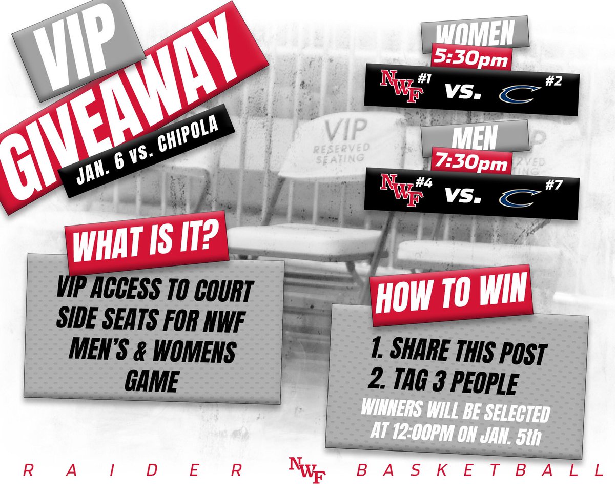 CoachGreGHeiar's tweet photo. ‼️VIP GIVEAWAY‼️

Enter for a chance to win 2 courtside seats for our matchup vs. #7 Chipola on Thursday! Best games in the COUNTRY are being played @ Raider Arena! 

How to Win: Quote tweet &amp; tag 3 people! 

Winners will be randomly selected at 12 on January 5th! https://t.co/fPJk0aywJY