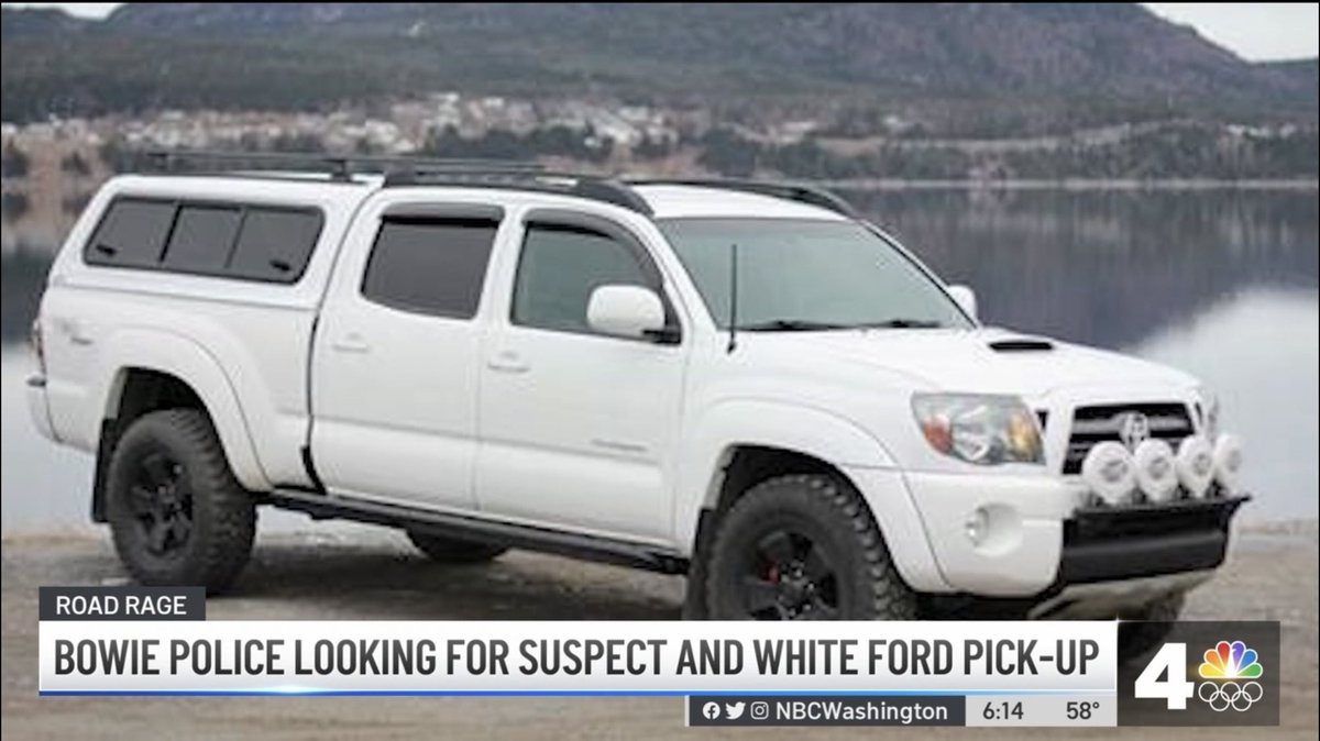 msportworld's tweet photo. So are we looking for a white Ford truck or Toyota Tacoma? Does it have a truck cap and thus may be a white Ford or Toyota SUV? @nbcwashington https://t.co/HfU8Ja9EIi