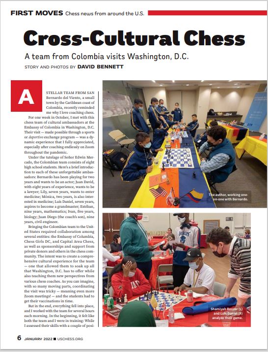 chessprof's tweet image. &quot;Cross-Cultural Chess: A team from Colombia visits Washington, D.C.&quot; in the January &apos;22 edition, Chess Life Magazine @ChessLifeEditor.

Thank you @ColombiaEmbUSA @chessgirls @USChess @FIDE_chess @davidllada @dapsay_adu @capchess for making this amazing week happen! #HappyNewYear