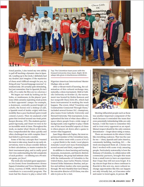 chessprof's tweet image. &quot;Cross-Cultural Chess: A team from Colombia visits Washington, D.C.&quot; in the January &apos;22 edition, Chess Life Magazine @ChessLifeEditor.

Thank you @ColombiaEmbUSA @chessgirls @USChess @FIDE_chess @davidllada @dapsay_adu @capchess for making this amazing week happen! #HappyNewYear