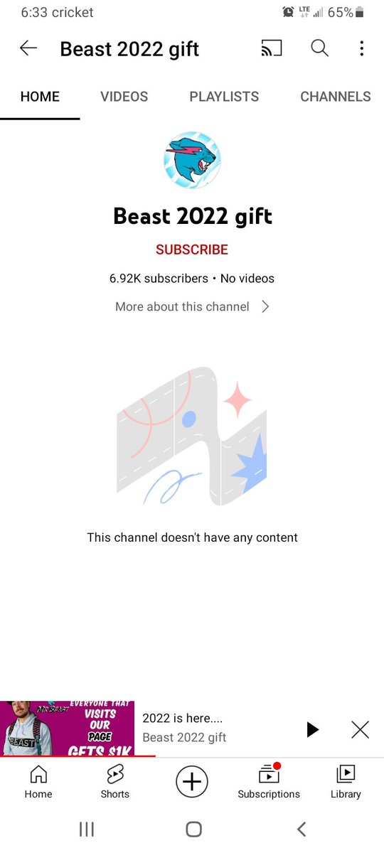 PollsMakeup's tweet photo. Somehow this channel "Beast 2022 gift" has over 6k subs, and for some reason the channel says no videos, even though I'm watching one lol I don't get it but this can't possibly be legit right? Or am I just an idiot..? https://t.co/iXI3M6QwSZ