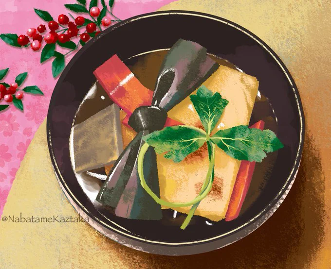 昔描いたお雑煮です。嫁実家の安曇野のお雑煮です。角餅焼いたすまし汁です。 