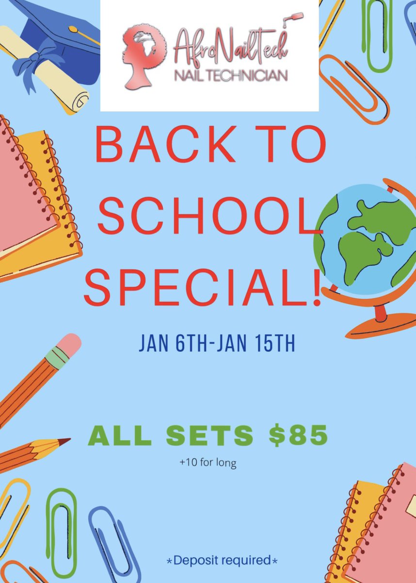 Ebozinam__'s tweet photo. Back to school special is up and ready! This is my last semester being a nail tech in Carrollton ๐ญthank you for everyone supporting me for the past 4 years!
Click the link https://t.co/pw8QAFYtSA to book your appointments now!
*updated* rules on IG: Afronailtech
#Uwg #Uwgnails https://t.co/41hDSQ7spL