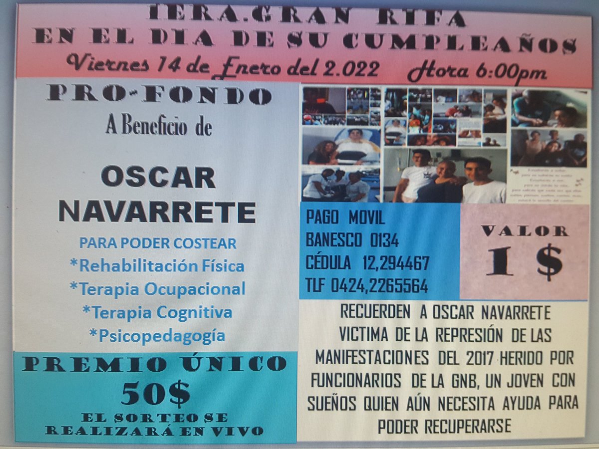 MamaLisVzla's tweet photo. Oscar Navarrete sobrevivió en el 2017 a una bomba en el pecho que lo dejó en coma durante largo tiempo, su recuperación ha sido un milagro. Todavía necesita apoyo para su rehabilitación y terapias, para eso su mamá @ElizabethNro1 está realizando una rifa de solo $1. Apoyo👇 https://t.co/w6taTmZddW