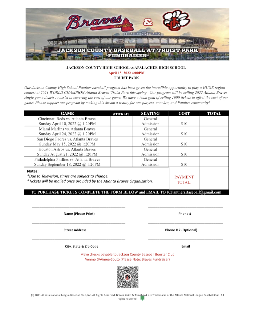 Our program has been given the INCREDIBLE opporunity to play a HUGE region contest at the WORLD CHAMPION <a href="/Braves/">Atlanta Braves</a> <a href="/TruistPark/">Truist Park</a> April 15th! Please support our program by making this dream a reality for our players, coaches, and community! <a href="/jcpantherath/">JACKSON COUNTY PANTHER ATHLETICS</a> <a href="/DKFunderburk/">Kyle Funderburk</a>  #BeELITE 🐾⚾️
