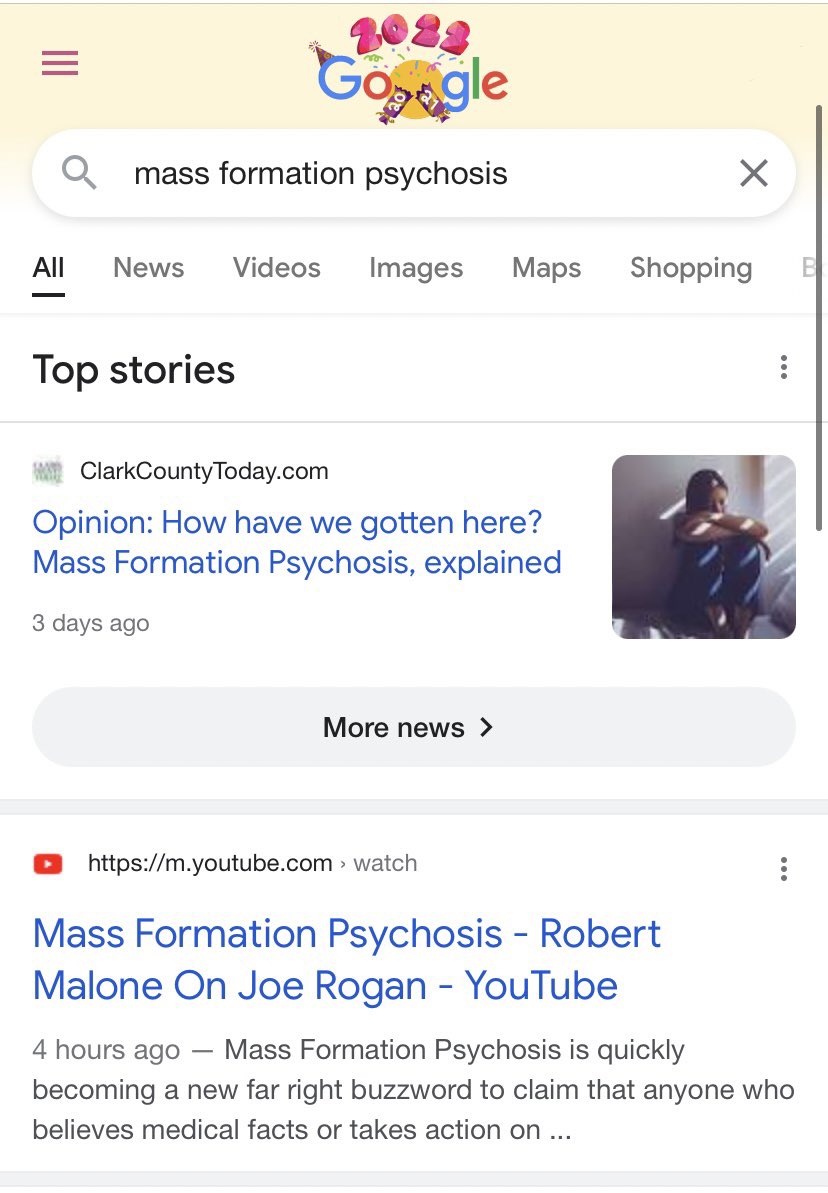 JackPosobiec's tweet photo. Hi @Google_Comms! 

How is it that your top search result for Mass Formation Psychosis is a YouTuber with less than 9,000 subs who is calling for Spotify to ban the Rogan interview with Dr Malone? https://t.co/yXFfyzA7ws