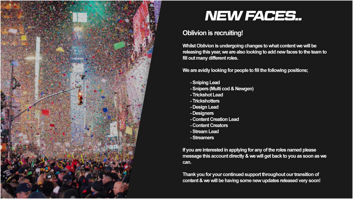 OblivionOD's tweet image. Happy New Year!

We hope everyone had an amazing time celebrating the coming of 2022!

2021 was a good year for us, we accomplished some great feats throughout the year &amp;amp; this year we plan on taking things to the next level.. to do that though

We are in need of some "New Faces"