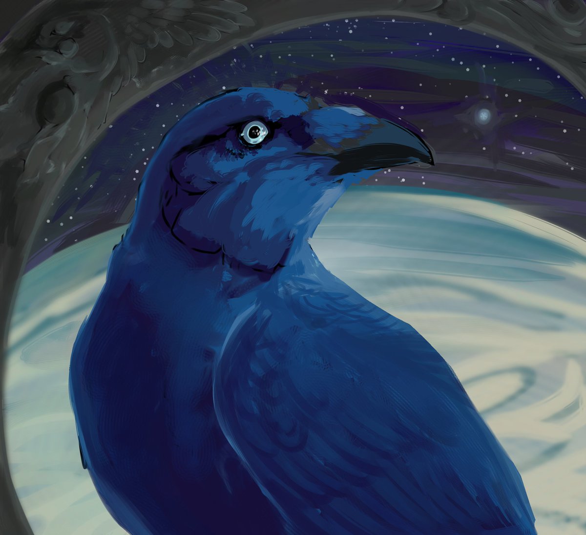 BirdBrained2's tweet photo. Last piece of 2021, blue space crow https://t.co/yOdG6OOFBc