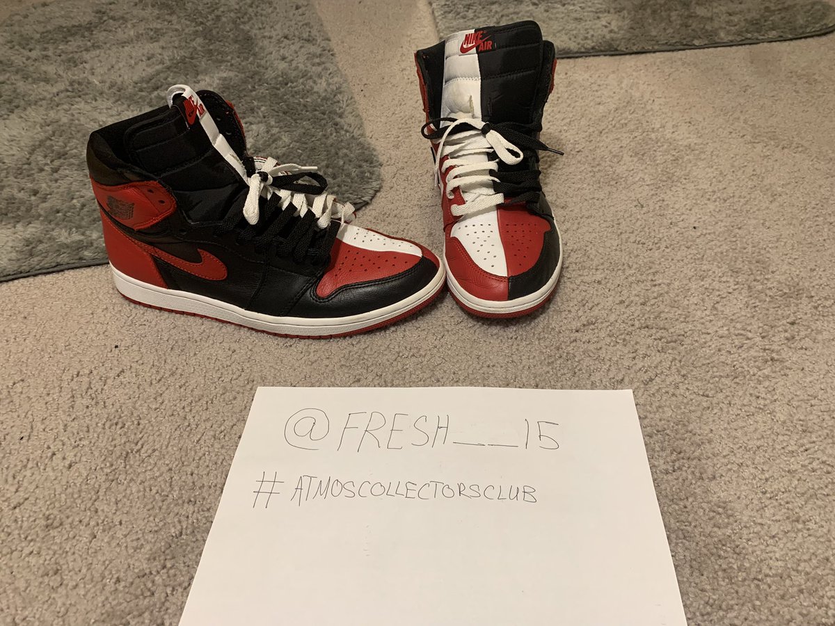 Fresh__15's tweet photo. @atmos_usa @atmos_usa I don’t quite have THE original jordan 1 “bred” colorway, but hopefully i will soon 🤞🏾#bingo. Also do i get bonus points for the split lace job ?? #atmoscollectorsclub  size 11M https://t.co/l5P2gjXeQK