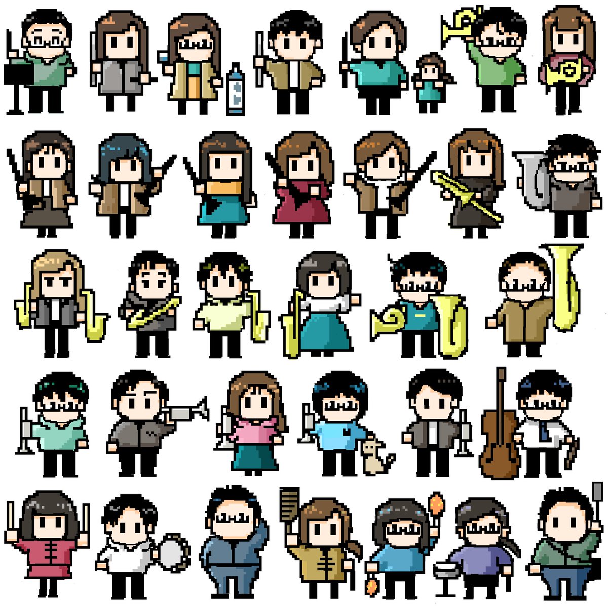 brassfrontier's tweet photo. 少し遅れましたが💦
新年明けましておめでとうございます！
本年も沼津ブラス・フロンティアを宜しくお願いいたします🙇‍♀️

今年も愉快な団員達を描いてみました！今回はドラクエ風です✨ https://t.co/N5KM1Fo7gS