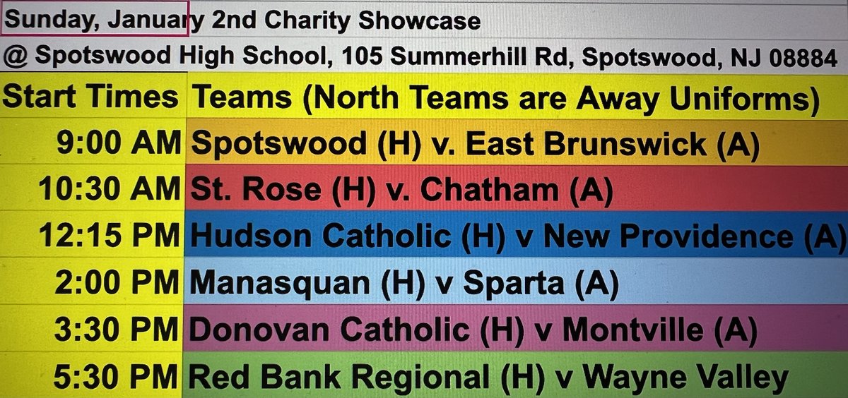 NJ Ladies Hoops (@njladieshoops) on Twitter photo PREMIER CHARITY HOOPS SHOWCASE 1/2/22
<a href="/SpotswoodHoops/">Spotswood Girls Hoops</a> hs
ALL PROCEEDS TO THE ESTEEMED "VALERIE FUND"
* $ 10 admission (bargain)
$ 5 Complete program
<a href="/NYGHoops/">NYGHoops</a> @brolymedia <a href="/EBHSGirlsBBall/">East Brunswick HS Lady Bears 🏀</a> <a href="/SRHSGIRLSBB/">St. Rose Girls Basketball 🏀</a> <a href="/chatgirlshoops/">Chatham High School (NJ) Girls Basketball</a> <a href="/HCLadyHawkHoops/">Lady Hawks of Hudson Catholic</a> <a href="/NPPioneers/">Pioneer Athletics</a> <a href="/SquanGirlsBBall/">Manasquan Girls Basketball</a> <a href="/ushoops/">Coach Rich Leary</a> PREMIER CHARITY HOOPS SHOWCASE 1/2/22
<a href="/SpotswoodHoops/">Spotswood Girls Hoops</a> hs
ALL PROCEEDS TO THE ESTEEMED "VALERIE FUND"
* $ 10 admission (bargain)
$ 5 Complete program
<a href="/NYGHoops/">NYGHoops</a> @brolymedia <a href="/EBHSGirlsBBall/">East Brunswick HS Lady Bears 🏀</a> <a href="/SRHSGIRLSBB/">St. Rose Girls Basketball 🏀</a> <a href="/chatgirlshoops/">Chatham High School (NJ) Girls Basketball</a> <a href="/HCLadyHawkHoops/">Lady Hawks of Hudson Catholic</a> <a href="/NPPioneers/">Pioneer Athletics</a> <a href="/SquanGirlsBBall/">Manasquan Girls Basketball</a> <a href="/ushoops/">Coach Rich Leary</a>